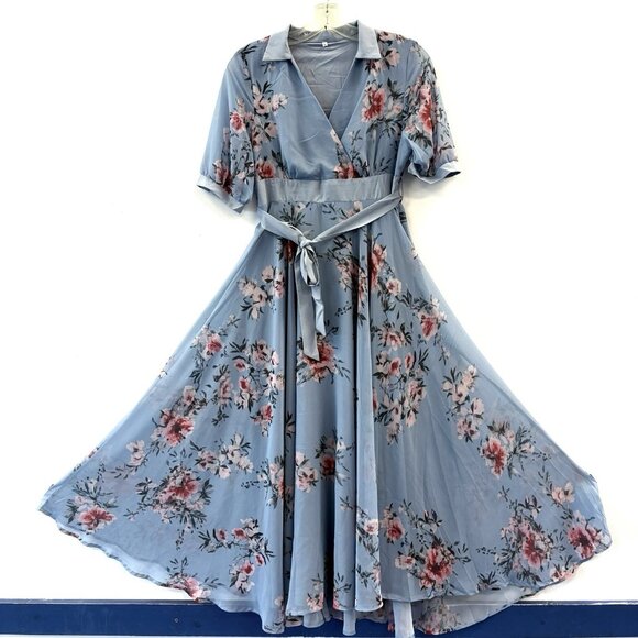 NWOT Womens Blue Floral Gown Dress Empire Waist Chiffon Size XL Crossover Front - Picture 1 of 12